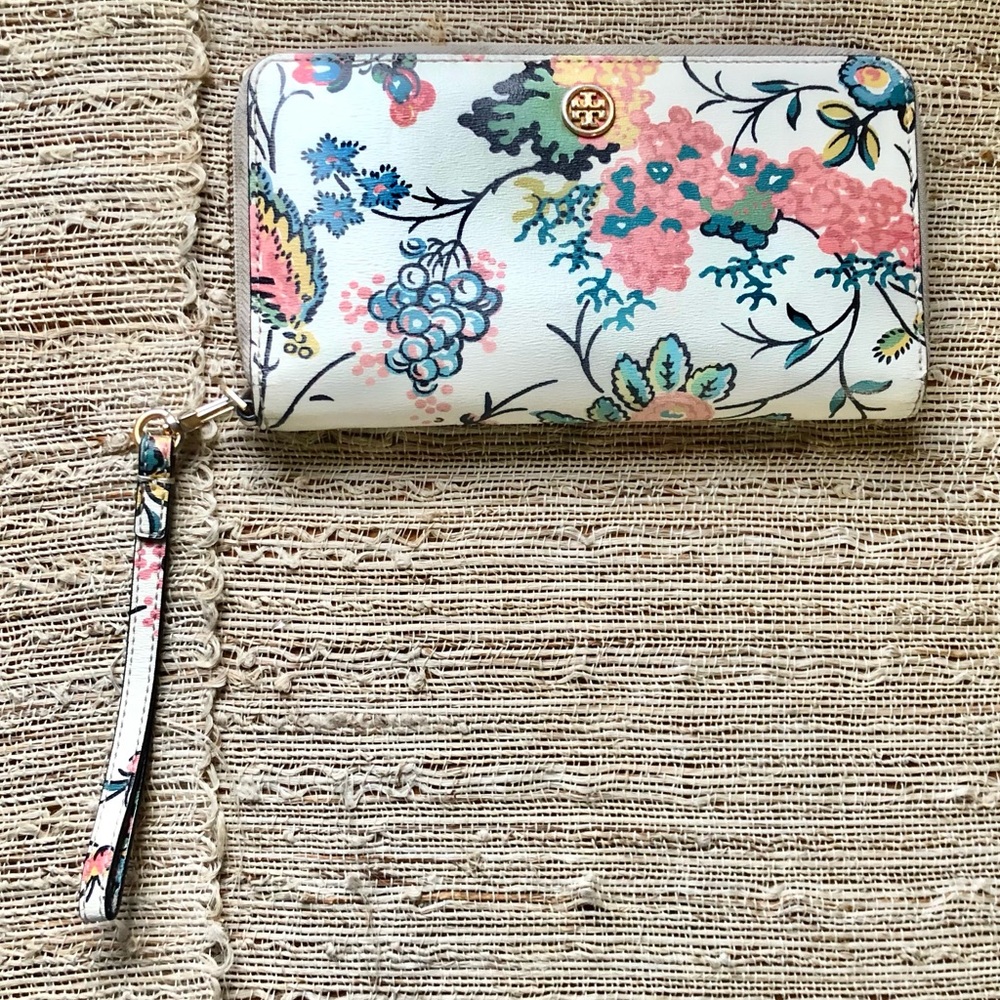 Tory Burch Floral Zip-Around Wristlet Wallet in White with Pink, Teal & Gold